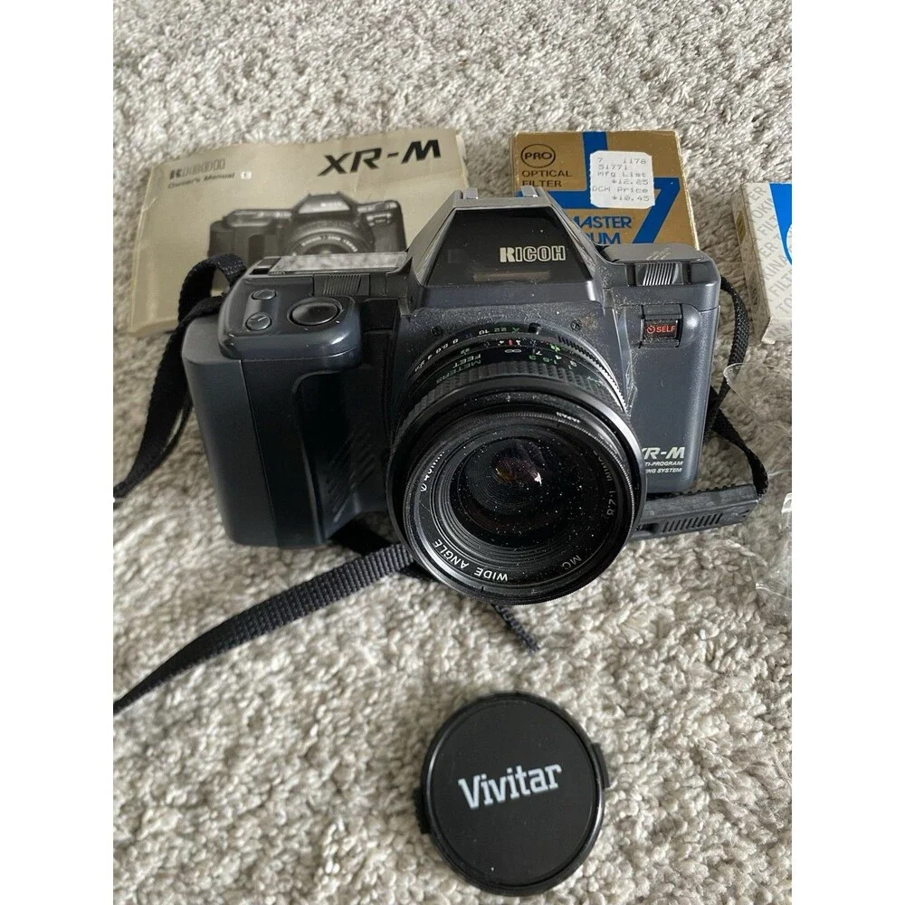 Vtg Ricoh XR-M Camera Bundle W strap & Rikenon + Vivitar Lenses + Filters Manual